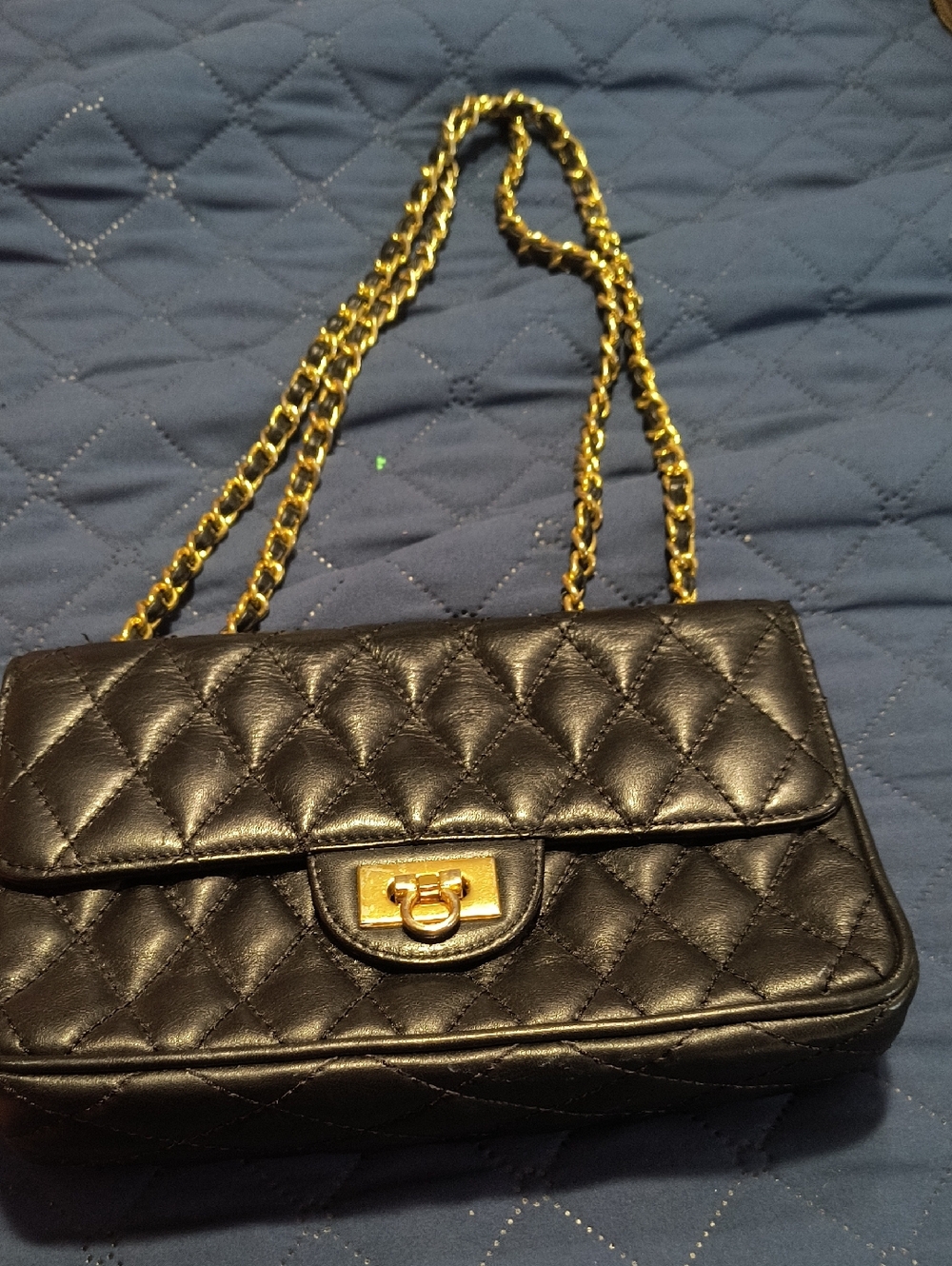 Vintage Due Fratelli Black Learher Quilted Chain-Handle Shoulder Bag